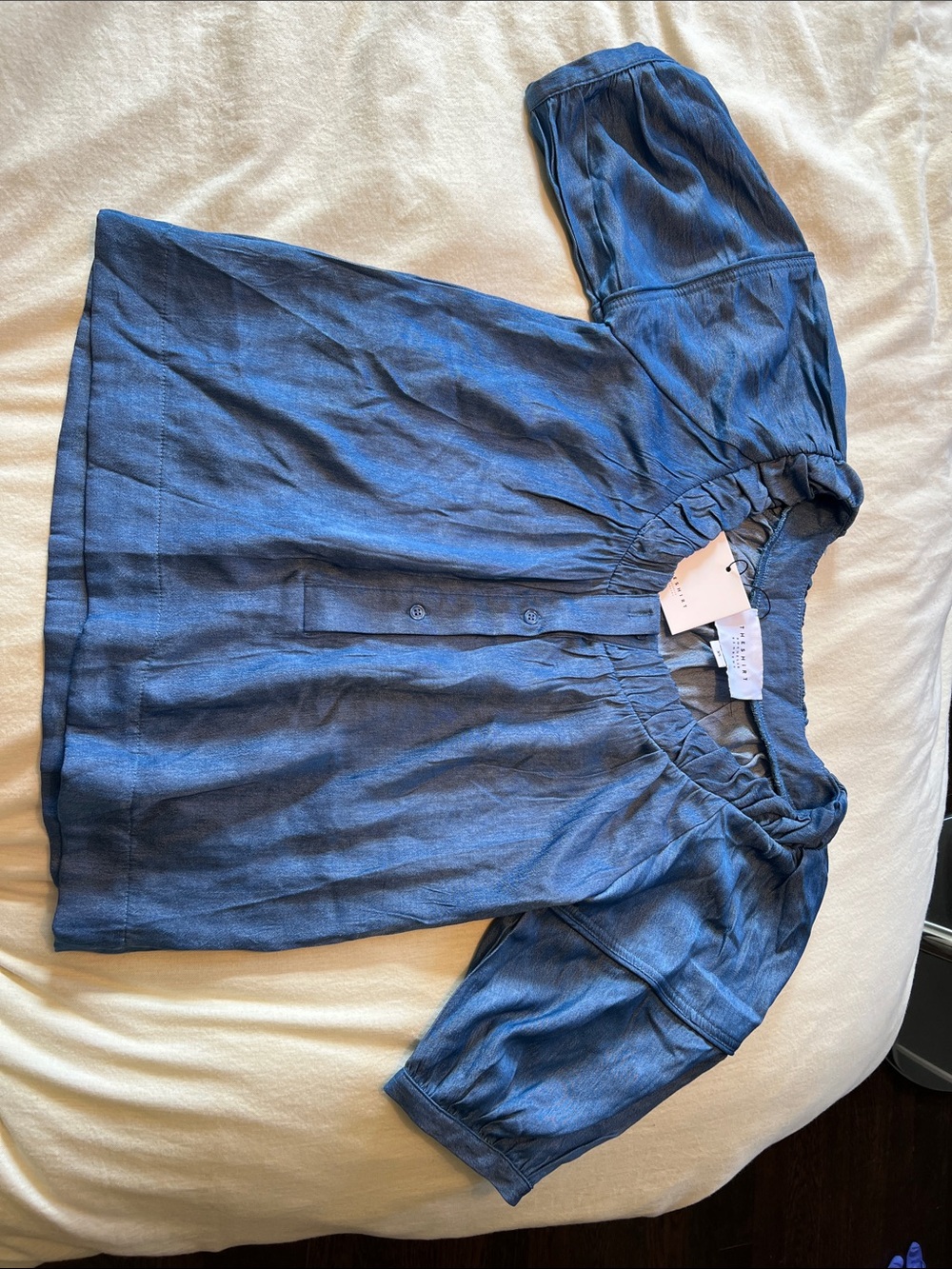 The Shirt by Rochelle Behrens Denim Blue Button Front Puff Sleeve Blouse